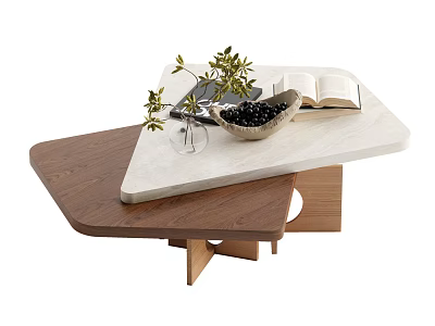 Modern Wooden Marble Top Coffee Table With Olive Branch Bowl Open Book And Glass 3d model