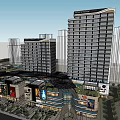 Modern Urban Commercial Complex with High Rise Buildings Retail Shops and Pedestrian Area