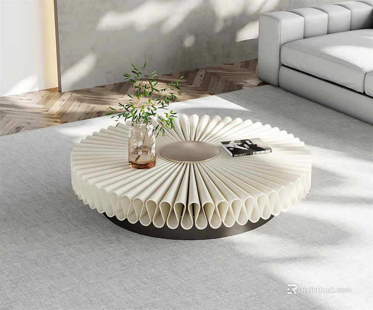 Round Coffee Table With Pleated White Surface Dark Base Glass Vase Green Plant Black Magazine 3d model 
