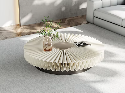 Round Coffee Table With Pleated White Surface Dark Base Glass Vase Green Plant Black Magazine 3d model