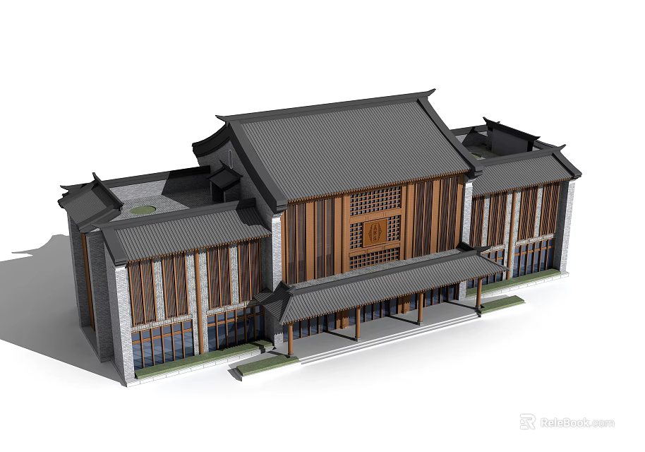 Traditional Chinese Office Building With Wooden Structure Curved Roof And Porch 3d model 