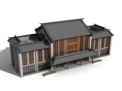 Traditional Chinese Office Building With Wooden Structure Curved Roof And Porch 3d model