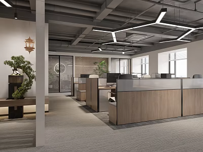 Modern Office Interior With Open Workspace Wooden Cubicles Ceiling Lighting And Green Plants 3d model