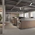 Modern Office Interior With Open Workspace Wooden Cubicles Ceiling Lighting And Green Plants