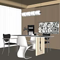 Modern Dining Room Interior With White Table Black Chairs Pendant Lights And Marble Backsplash