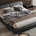 Modern Bedroom Double Bed with Black Leather Headboard Gray Bedding Nightstands Table Lamps and Rug