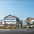 Modern School Building Design With Glass Facade Green Landscaping And Students Walking Area