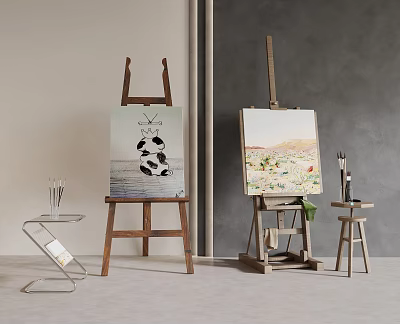 Art Studio Setup with Wooden Easels Canvas Paintings and Painting Supplies 3d model