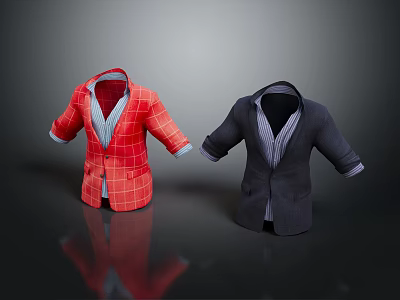 Fashionable Men's Blazers With Red Plaid And Dark Colored Designs And Striped Lining 3d model