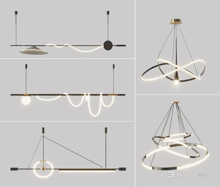 Modern Curved LED Chandeliers With Circular Rings And Metallic Frame Designs 3d model 