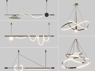 Modern Curved LED Chandeliers With Circular Rings And Metallic Frame Designs 3d model