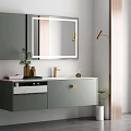 Modern Gray Washbasin Vanity With Mirror Marble Countertop Gold Faucet Green Plant And Wall Lamp