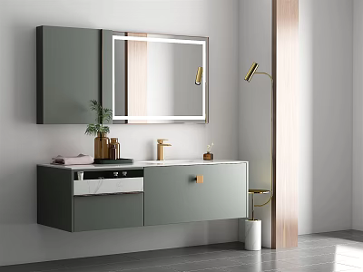 Modern Gray Washbasin Vanity With Mirror Marble Countertop Gold Faucet Green Plant And Wall Lamp 3d model