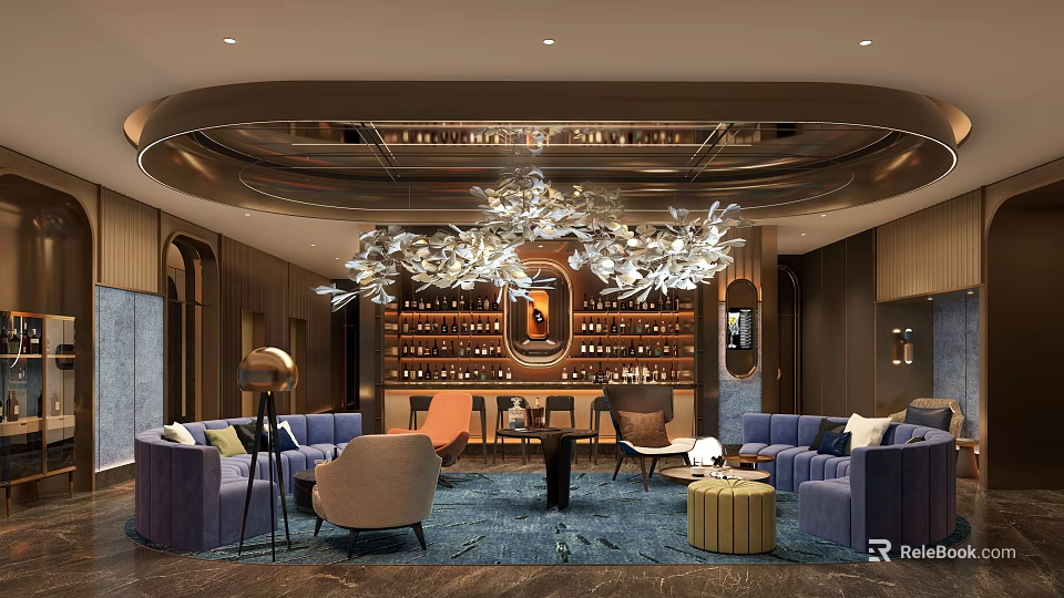Luxurious Bar Interior Design With Wine Rack Sofa Seating And Modern Chandelier 3d model 