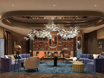Luxurious Bar Interior Design With Wine Rack Sofa Seating And Modern Chandelier 3d model