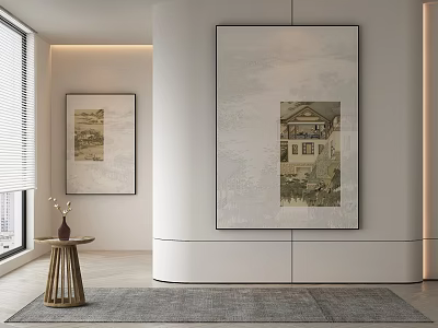 Interior Space With Round White Wall Wall Art Small Table Vase And Gray Rug 3d model