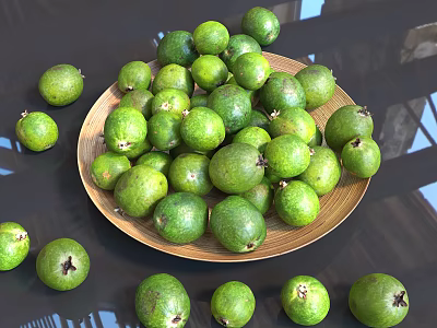 Ceramic Vessel with Fresh Green Fruits Placed on Wooden Table Surface 3d model
