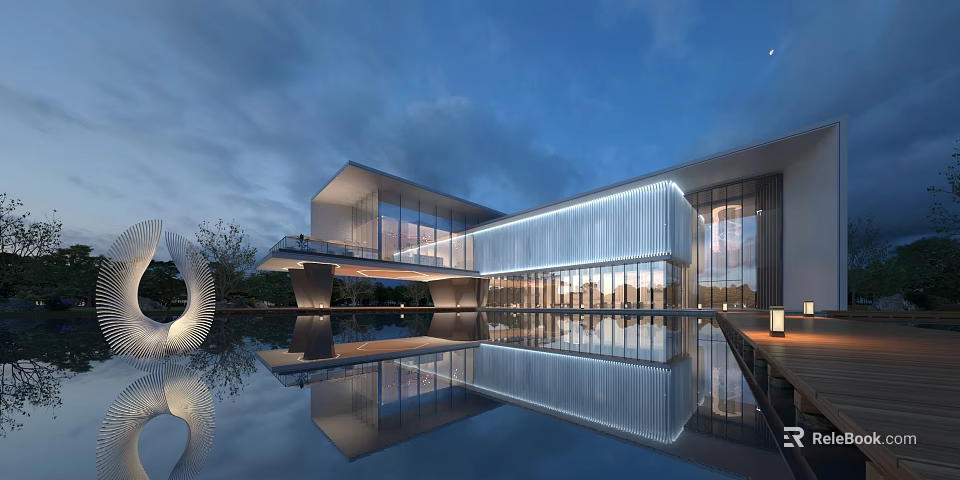 Illuminated Modern Sales Office Building With Glass Curtain Wall And Reflective Pool 3d model 