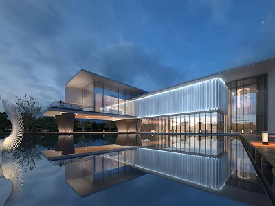 Illuminated Modern Sales Office Building With Glass Curtain Wall And Reflective Pool 3d model