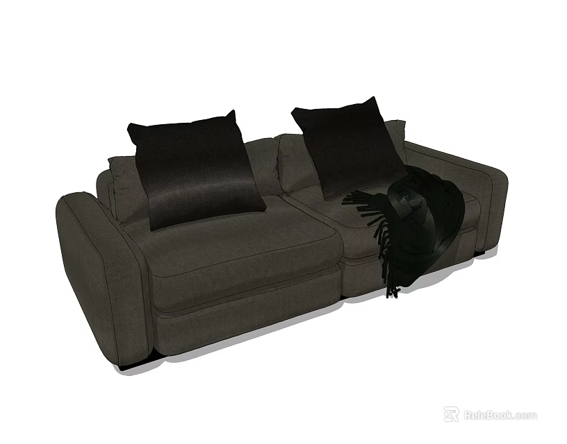 Modern Grey Two Seater Sofa With Black Cushions And Blanket 3d model