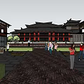 Traditional Chinese Commercial Street with Red Wooden Architecture Curved Eaves and Pedestrians in Open Plaza