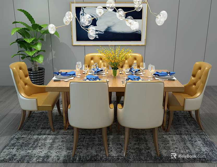 Modern Dining Table Set with Yellow White Chairs Floral Vase Tableware Chandelier and Green Plant 3d model 