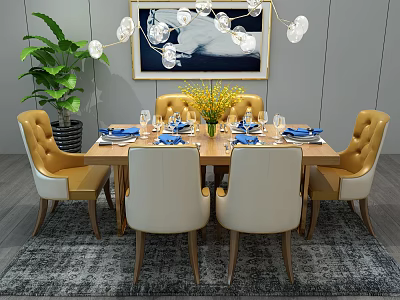 Modern Dining Table Set with Yellow White Chairs Floral Vase Tableware Chandelier and Green Plant 3d model