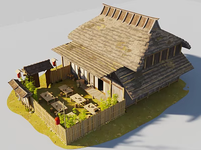 Lush Green Plants Surrounding Traditional Thatched Roof House With Bamboo Fence And Outdoor Seating Tables 3d model