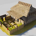 Lush Green Plants Surrounding Traditional Thatched Roof House With Bamboo Fence And Outdoor Seating Tables