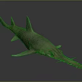 Sawfish With Long Serrated Rostrum And Streamlined Grayish Brown Body On Dark Reflective Background