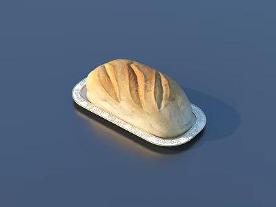 Fresh Loaf of Bread on Silver Tray with Surface Slashes against Dark Blue Background 3d model