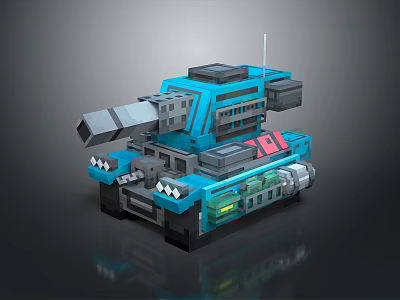 Blue Pixelated Block Style 3D Tank Model with Cannon Tracks and Antenna 3d model