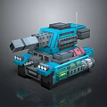 Blue Pixelated Block Style 3D Tank Model with Cannon Tracks and Antenna