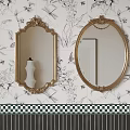 Elegant Interior With Golden Framed Mirrors On Floral Wallpaper And Checkered Tiles