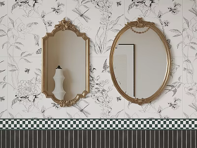 Elegant Interior With Golden Framed Mirrors On Floral Wallpaper And Checkered Tiles 3d model
