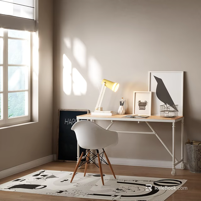 Bright Sunlit Desk With Yellow Lamp White Chair And Black Bird Artwork 3d model 