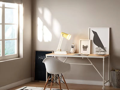 Bright Sunlit Desk With Yellow Lamp White Chair And Black Bird Artwork 3d model