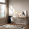 Bright Sunlit Desk With Yellow Lamp White Chair And Black Bird Artwork