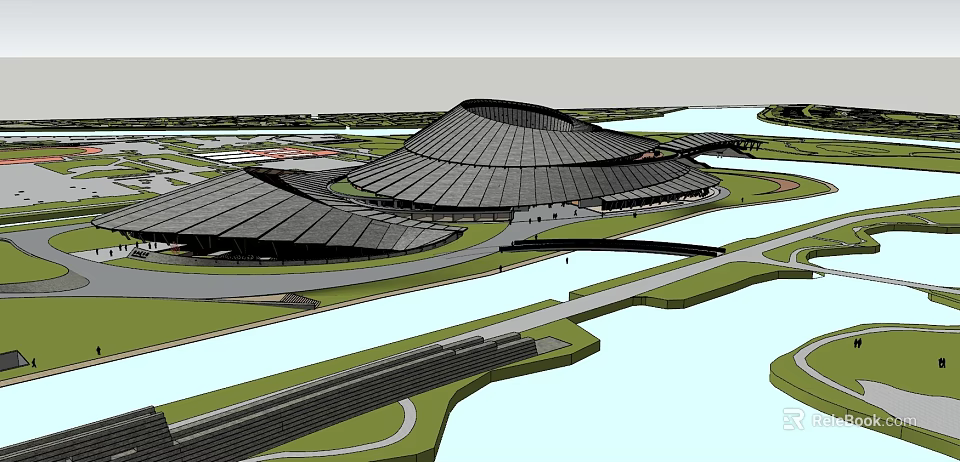Modern Sales Office Building With Sleek Curved Roof And Waterfront Green Landscape 3d model 