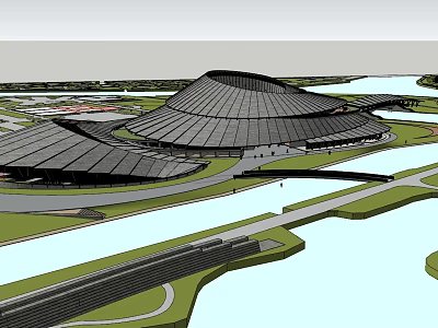 Modern Sales Office Building With Sleek Curved Roof And Waterfront Green Landscape 3d model