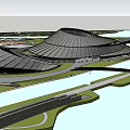 Modern Sales Office Building With Sleek Curved Roof And Waterfront Green Landscape