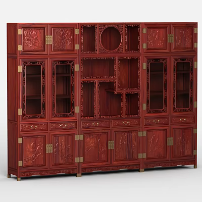 Traditional Chinese Mahogany Bookcase with Carved Patterns Glass Doors and Drawers 3d model