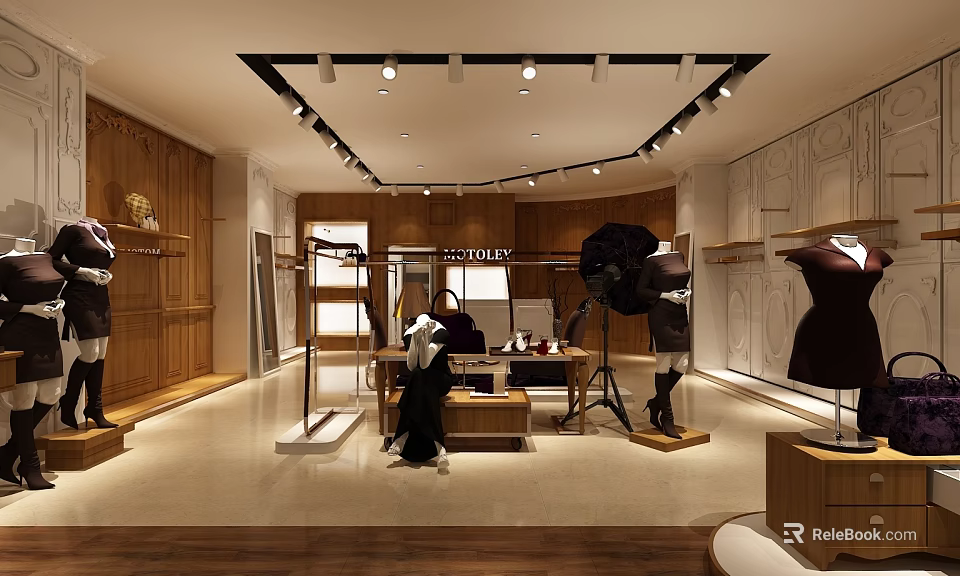 Stylish Clothing Store Interior With Mannequins Display Racks Soft Lighting And Wooden Decor 3d model 