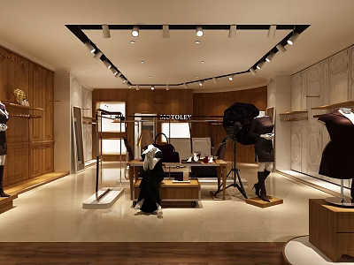 Stylish Clothing Store Interior With Mannequins Display Racks Soft Lighting And Wooden Decor 3d model