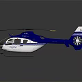 Blue and White Helicopter Model with Yellow Tip Rotors and Detailed Fuselage on Reflective Surface