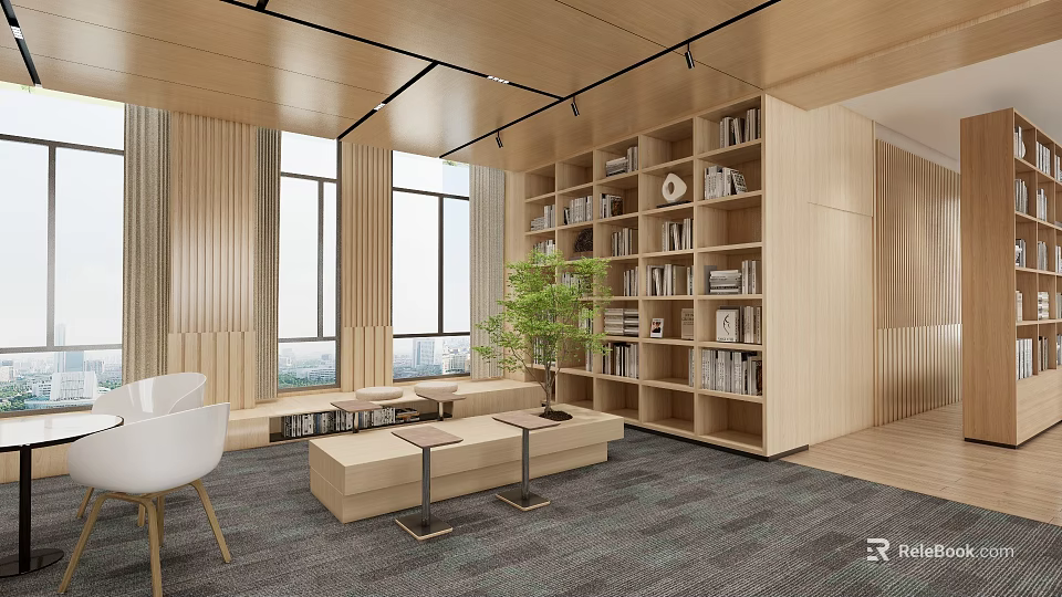 Modern Book Art Space with Wooden Bookshelves Books Natural Light Windows Benches and Plant 3d model 
