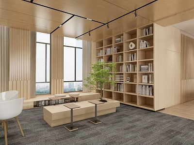 Modern Book Art Space with Wooden Bookshelves Books Natural Light Windows Benches and Plant 3d model