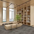 Modern Book Art Space with Wooden Bookshelves Books Natural Light Windows Benches and Plant