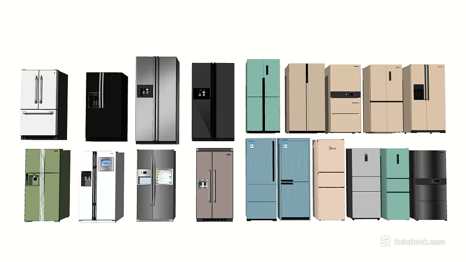 Modern Refrigerators and Freezers With Various Colors and Multiple Styles for Home Kitchen 3d model 