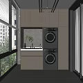 Modern Home Balcony with Stacked Washing Machine Dryer Wooden Cabinets Windows and Green Plants